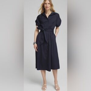 CHICO'S $139 Poplin Tie Waist Black Midi Shirt Dress-SZ 3